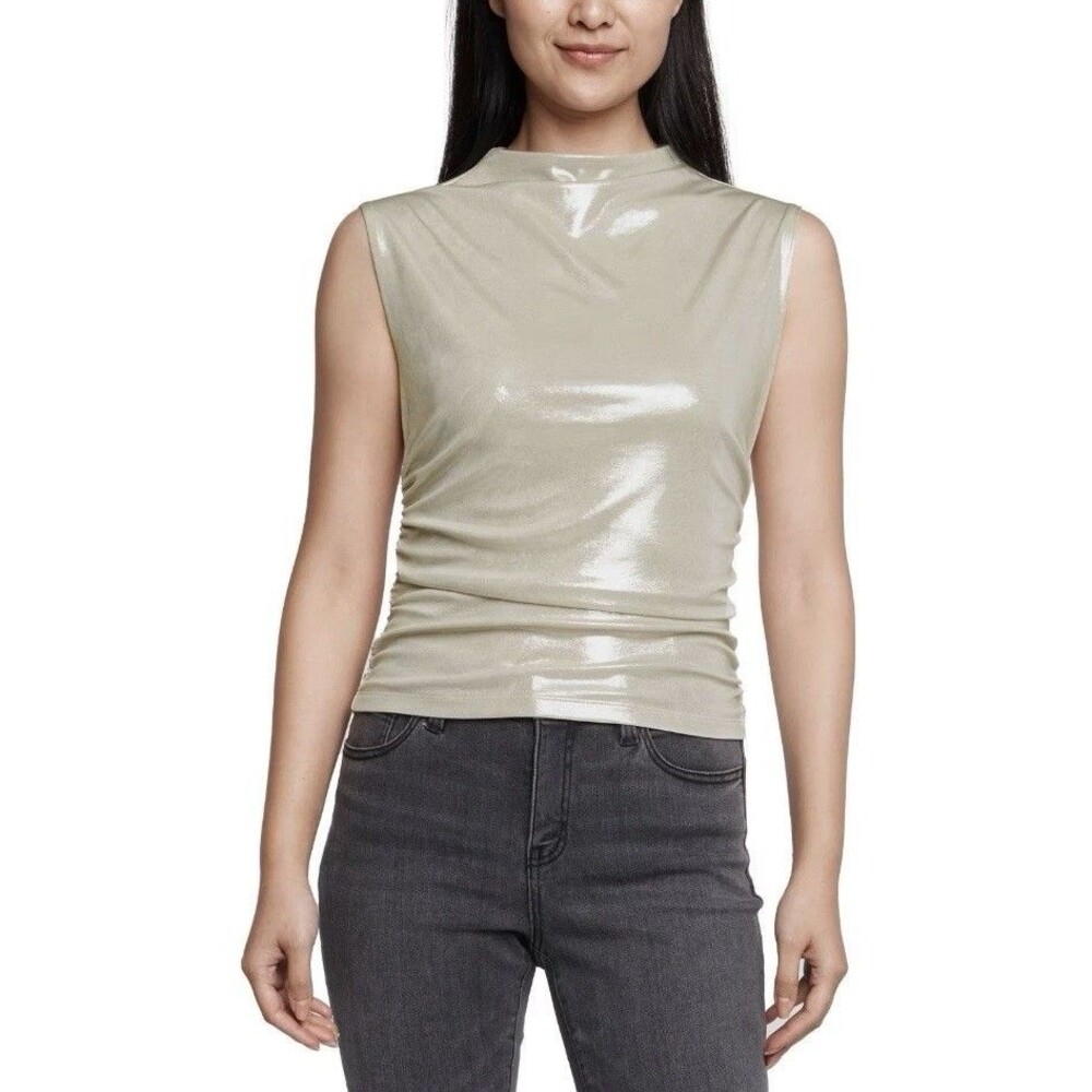New EXPRESS Women’s White Gold Shimmer Mock Neck Tank Side Ruching Sz Large $44